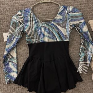 Blue and Black Long Sleeve Figure Skating Dress